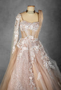 Nude Blush Floral Embellished Gown with Asymmetric Draped Shoulder