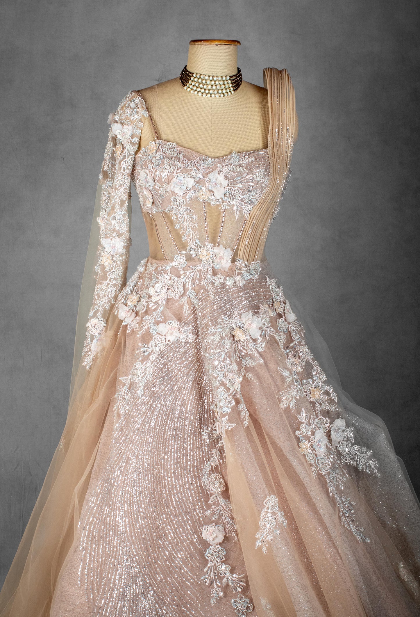 Nude Blush Floral Embellished Gown with Asymmetric Draped Shoulder