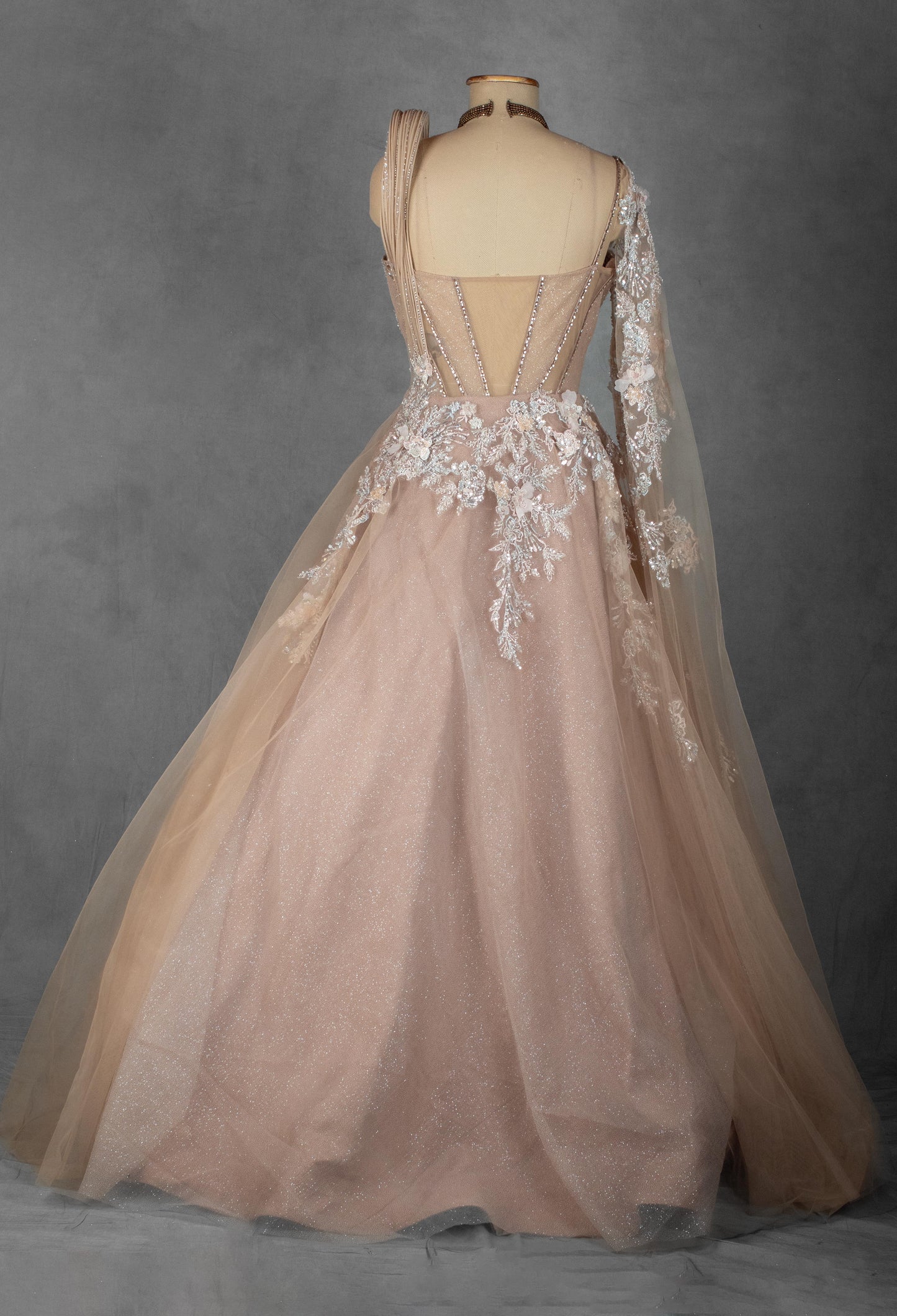 Nude Blush Floral Embellished Gown with Asymmetric Draped Shoulder