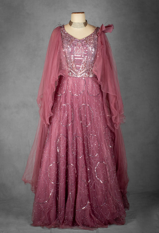 Mauve Sequined Gown with Ruffled Cape Sleeves and Hand-Embroidered Bodice