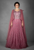 Mauve Sequined Gown with Ruffled Cape Sleeves and Hand-Embroidered Bodice