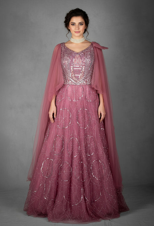 Mauve sequined gown with ruffled cape sleeves – product image 2