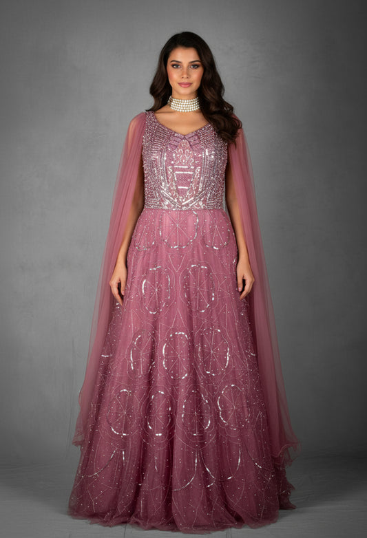 Mauve Sequined Gown with Ruffled Cape Sleeves and Hand-Embroidered Bodice