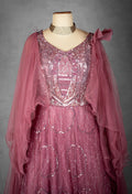 Mauve Sequined Gown with Ruffled Cape Sleeves and Hand-Embroidered Bodice