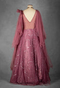 Mauve Sequined Gown with Ruffled Cape Sleeves and Hand-Embroidered Bodice