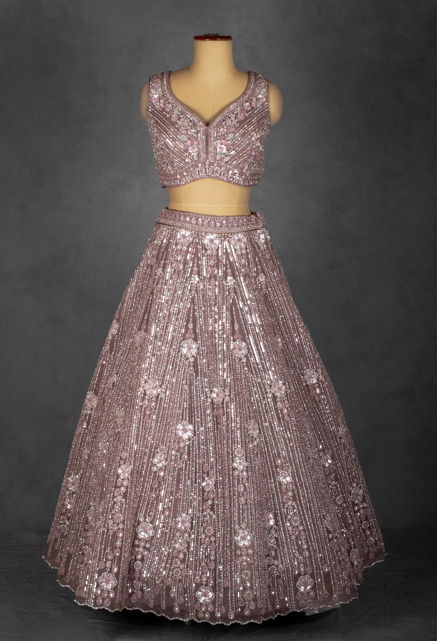 Dusty Lilac Sequin and Floral Embroidered Lehenga with Structured Blouse and Net Dupatta