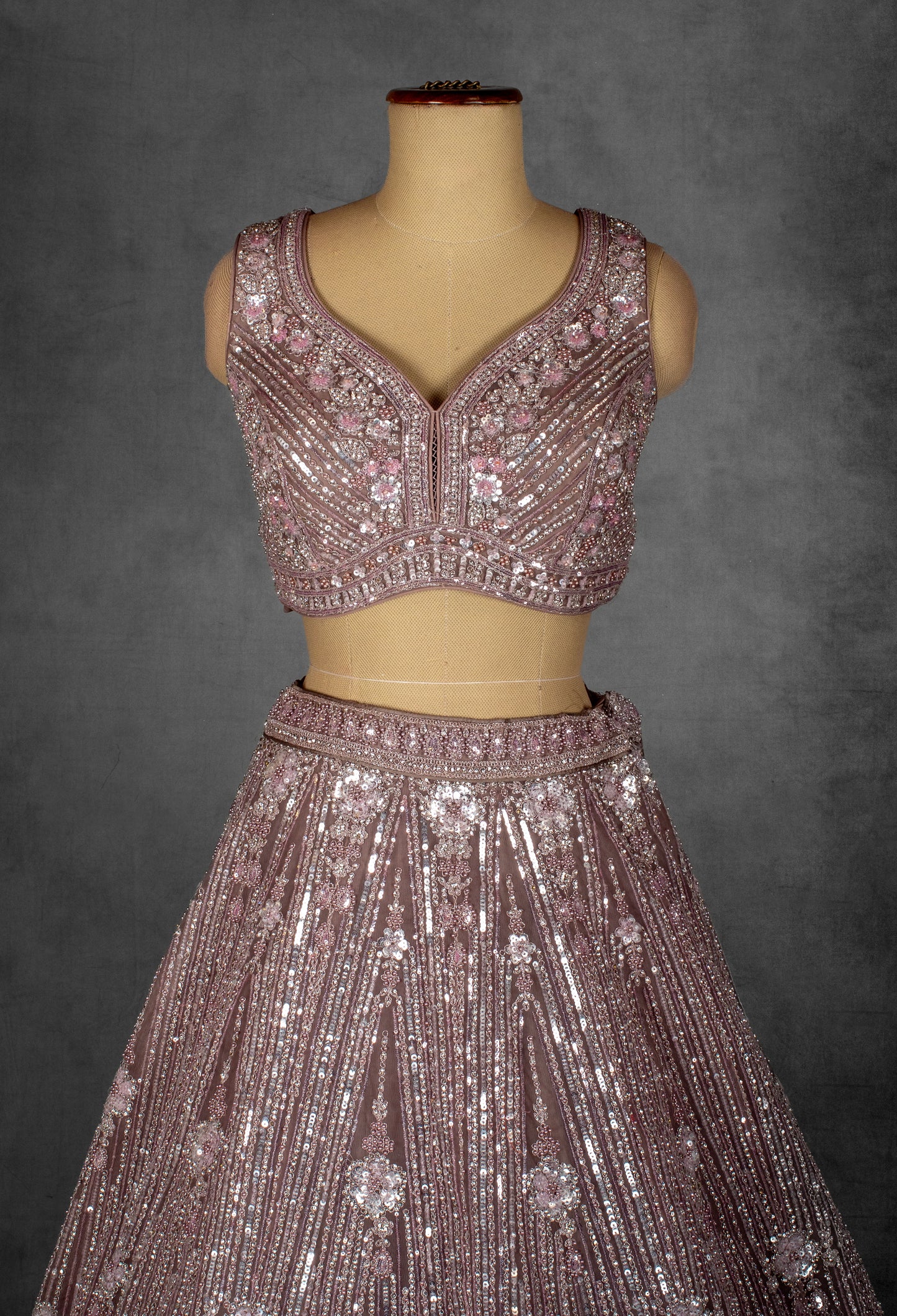 Dusty Lilac Sequin and Floral Embroidered Lehenga with Structured Blouse and Net Dupatta