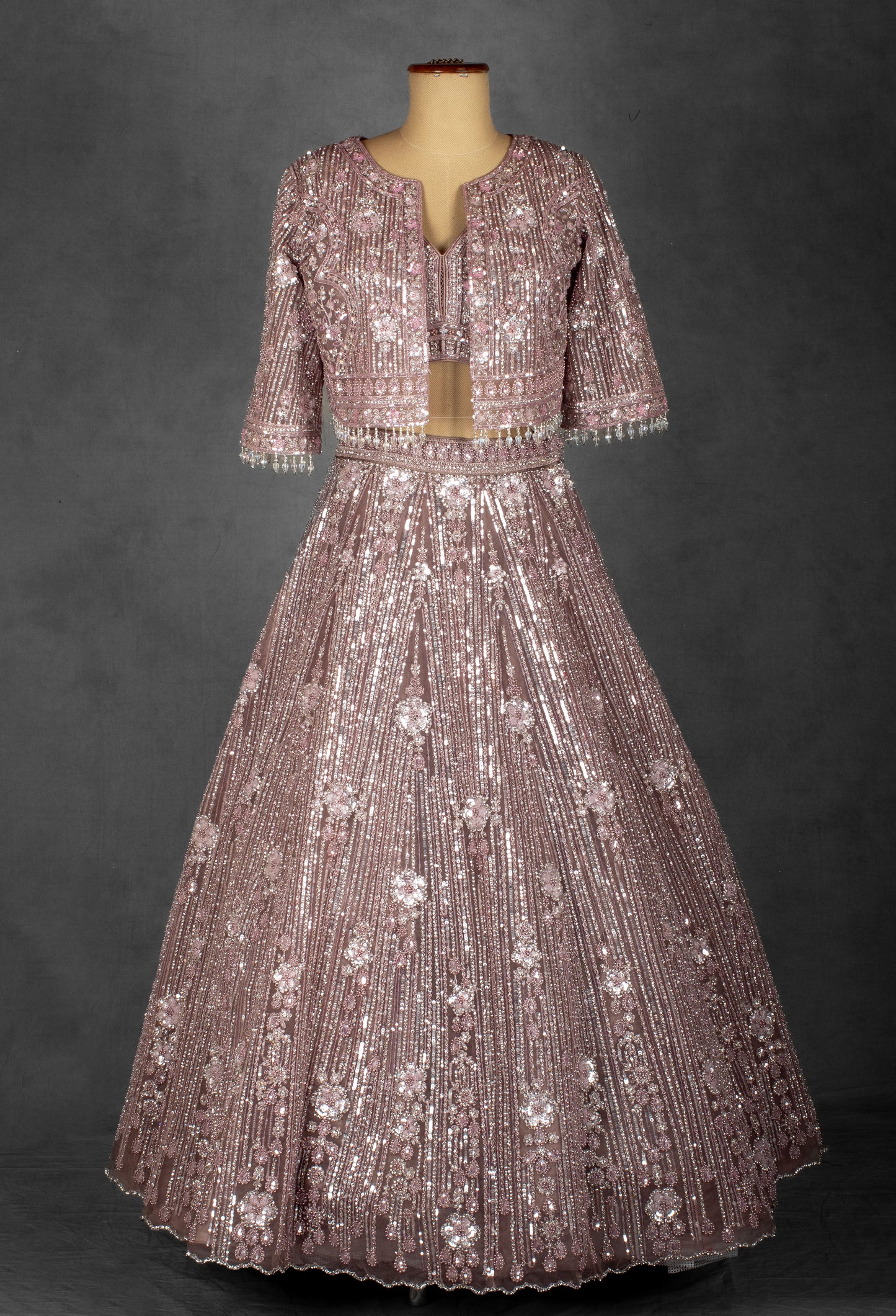 Dusty Lilac Sequin and Floral Embroidered Lehenga with Structured Blouse and Net Dupatta