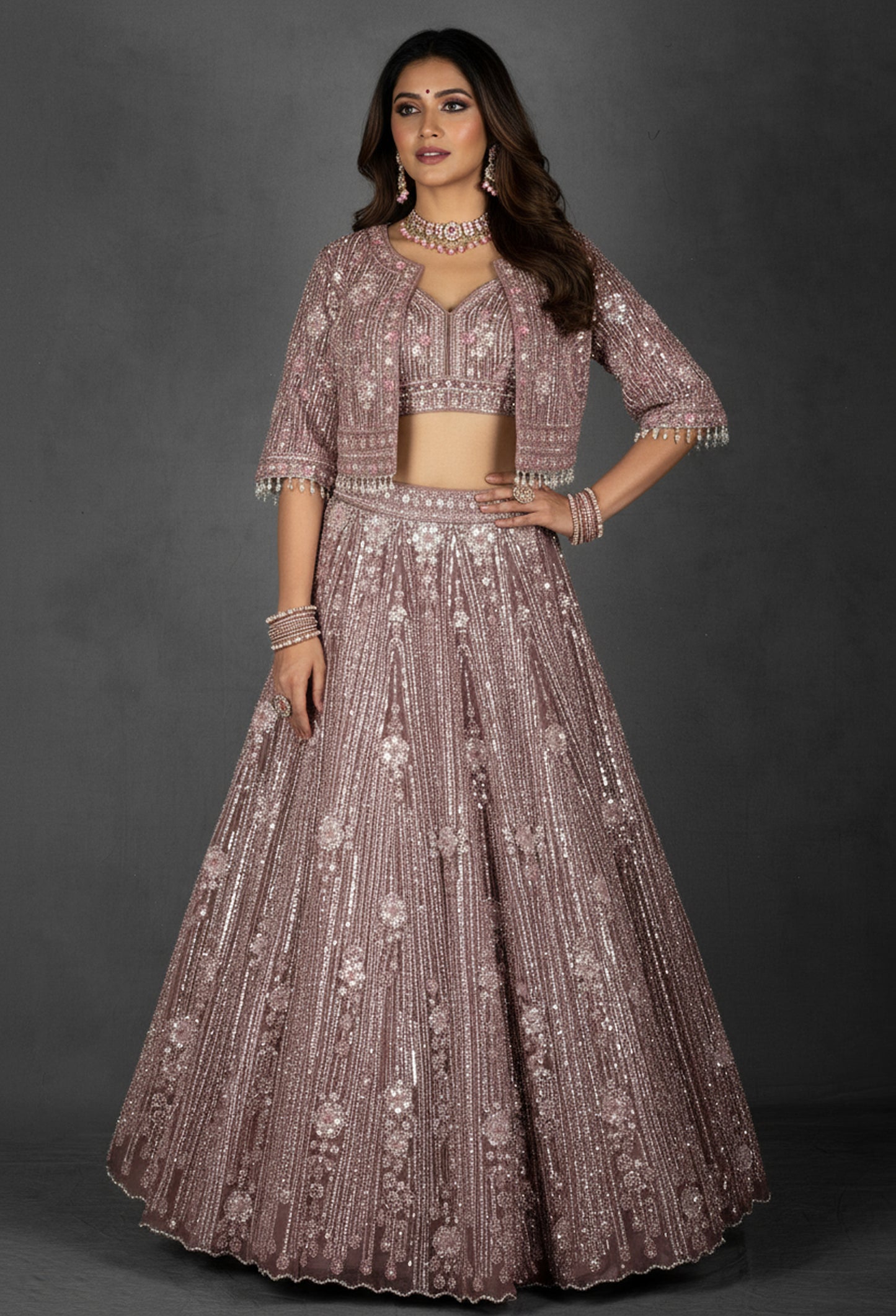 Dusty Lilac Sequin and Floral Embroidered Lehenga with Structured Blouse and Net Dupatta