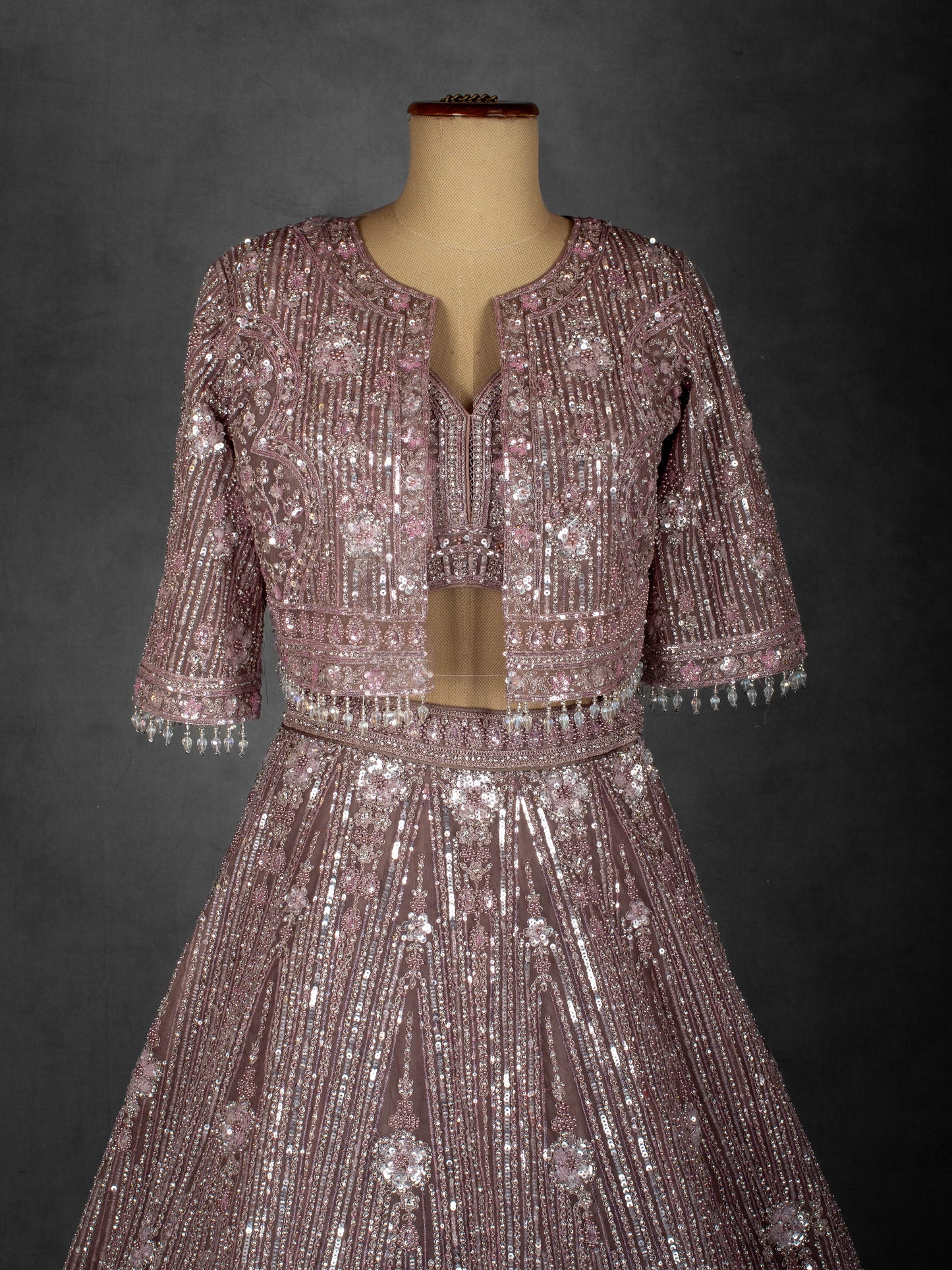 Dusty Lilac Sequin and Floral Embroidered Lehenga with Structured Blouse and Net Dupatta