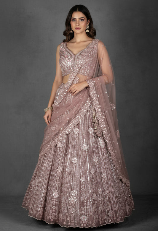 Dusty Lilac Sequin and Floral Embroidered Lehenga with Structured Blouse and Net Dupatta