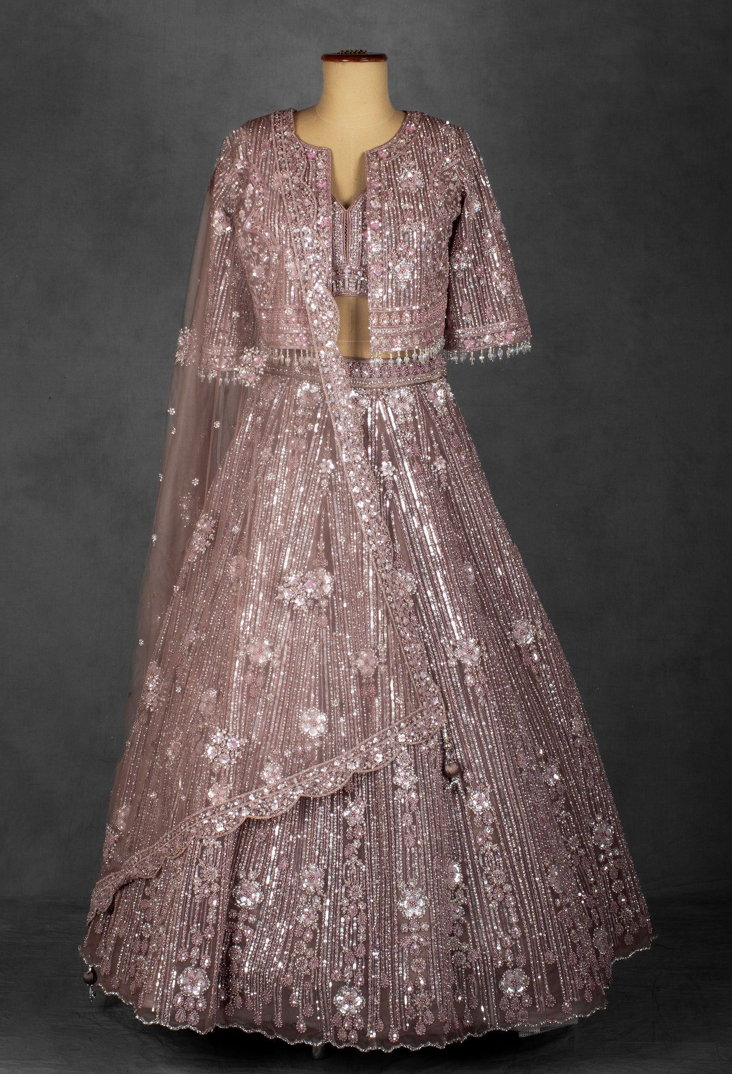 Dusty Lilac Sequin and Floral Embroidered Lehenga with Structured Blouse and Net Dupatta