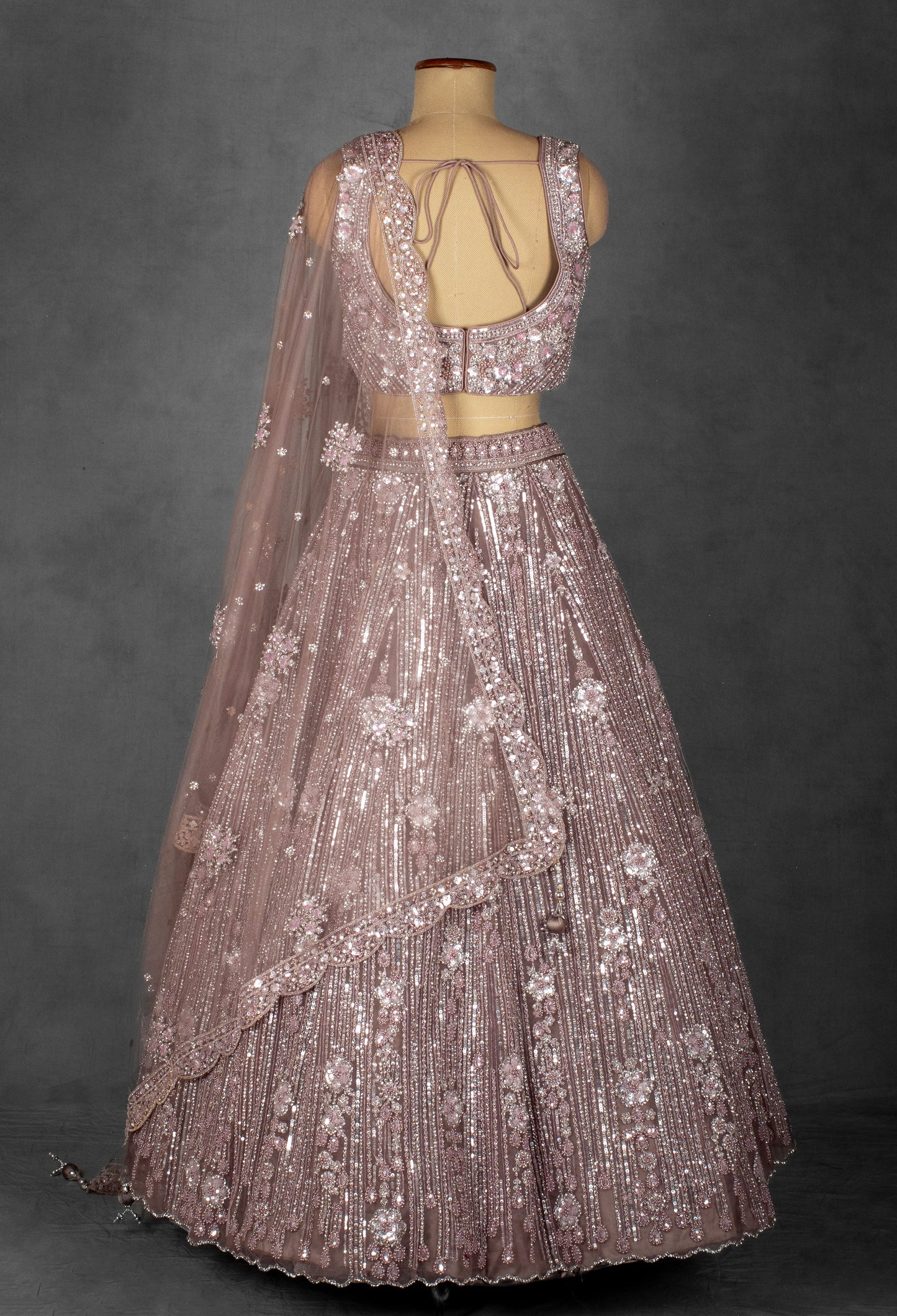 Dusty Lilac Sequin and Floral Embroidered Lehenga with Structured Blouse and Net Dupatta