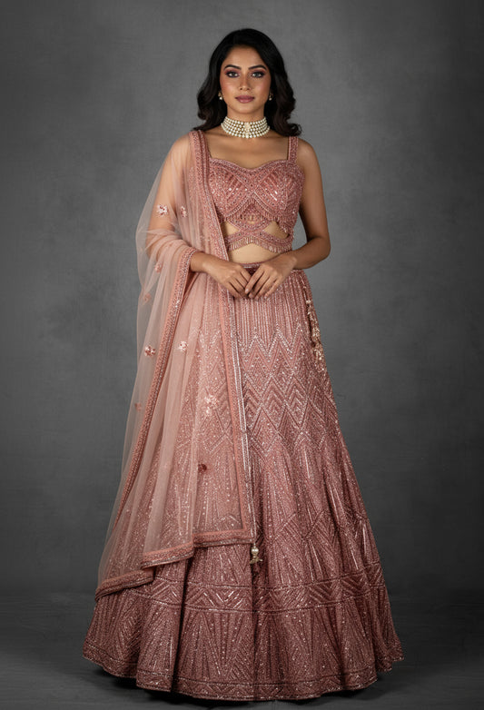 Blush Pink Sequin Embroidered Lehenga with Cutout Blouse and Net Dupatta