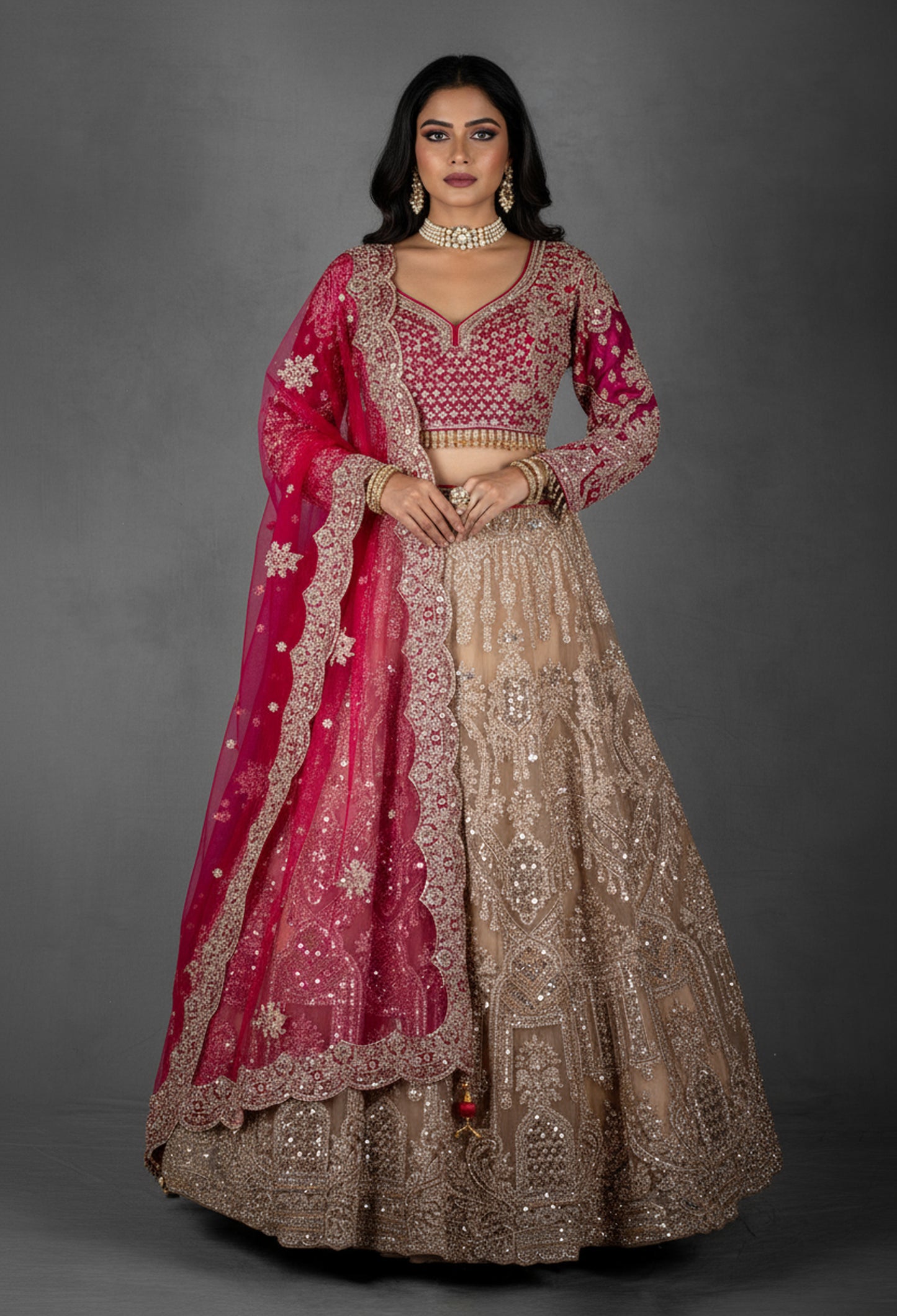 Rose Pink and Nude Gold Hand-Embroidered Lehenga with Full-Sleeve Blouse and Net Dupatta