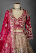 Rose Pink and Nude Gold Hand-Embroidered Lehenga with Full-Sleeve Blouse and Net Dupatta