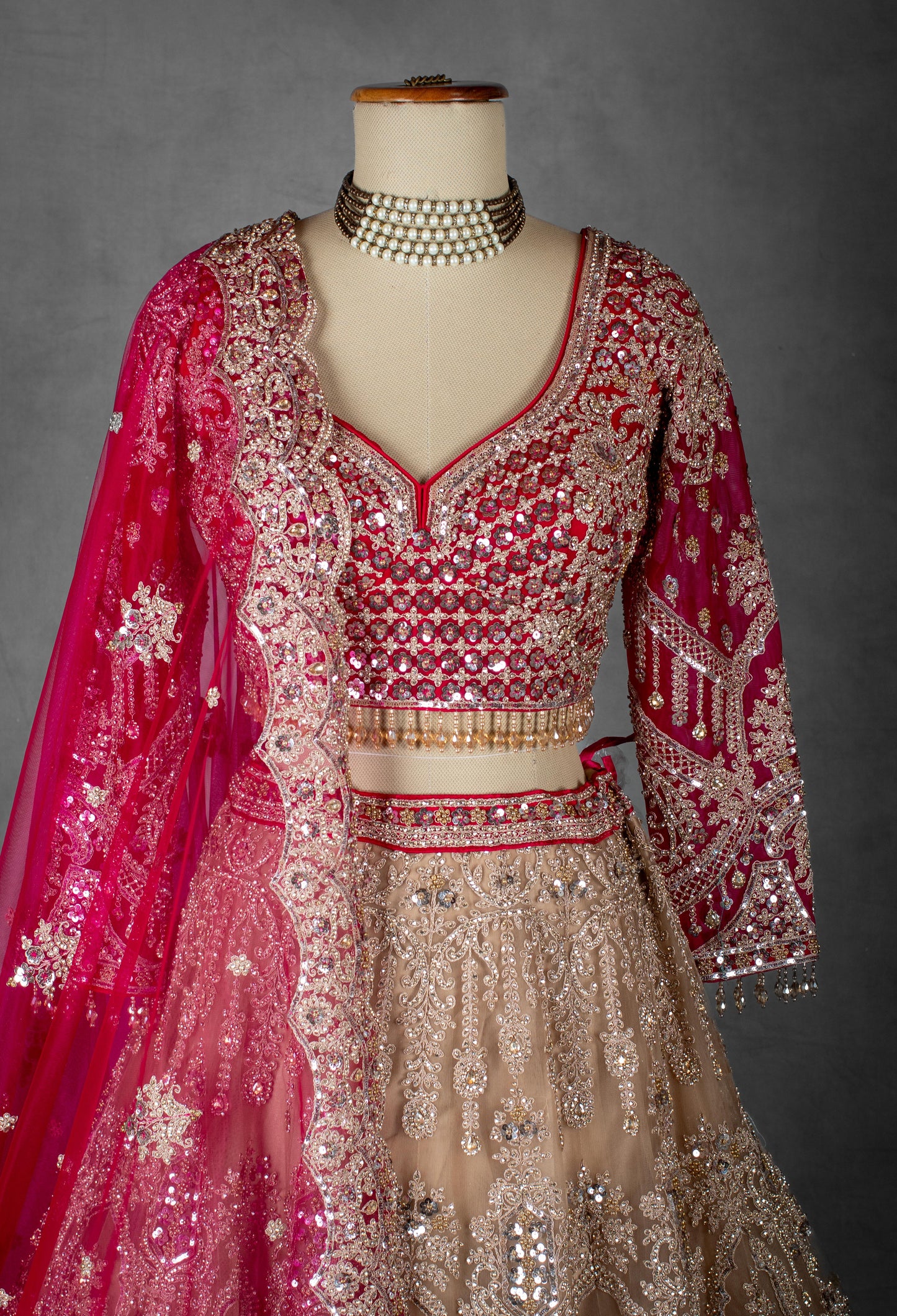 Rose Pink and Nude Gold Hand-Embroidered Lehenga with Full-Sleeve Blouse and Net Dupatta