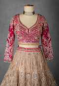 Rose Pink and Nude Gold Hand-Embroidered Lehenga with Full-Sleeve Blouse and Net Dupatta