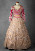Rose Pink and Nude Gold Hand-Embroidered Lehenga with Full-Sleeve Blouse and Net Dupatta