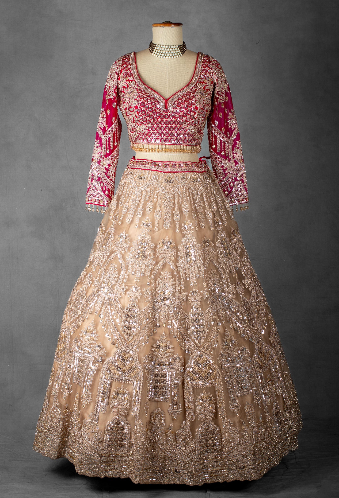 Rose Pink and Nude Gold Hand-Embroidered Lehenga with Full-Sleeve Blouse and Net Dupatta