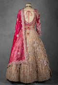 Rose Pink and Nude Gold Hand-Embroidered Lehenga with Full-Sleeve Blouse and Net Dupatta
