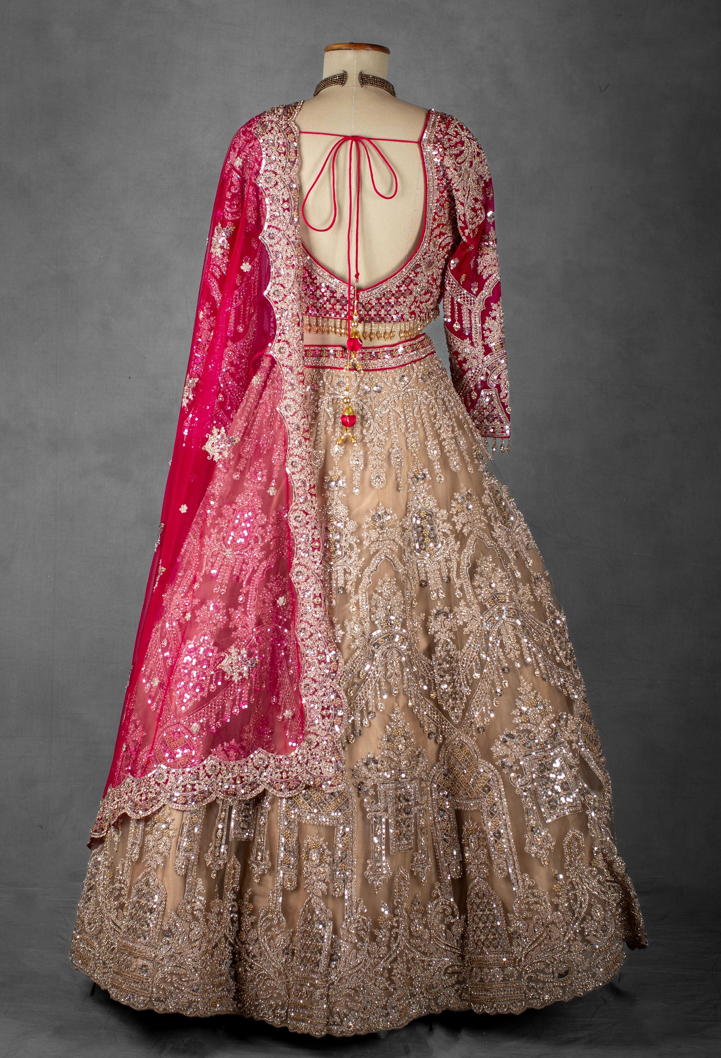 Rose Pink and Nude Gold Hand-Embroidered Lehenga with Full-Sleeve Blouse and Net Dupatta