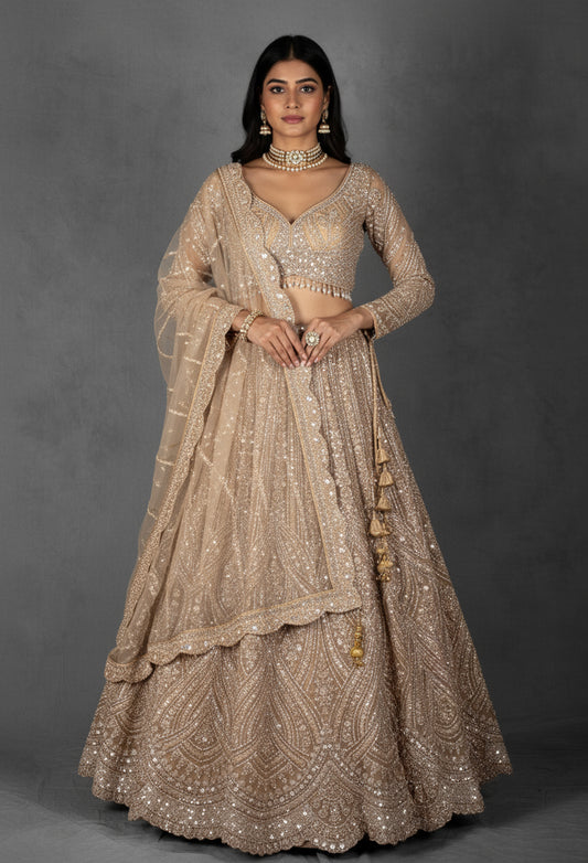 Champagne Gold Sequin Embroidered Lehenga with Full-Sleeve Blouse and Net Dupatta