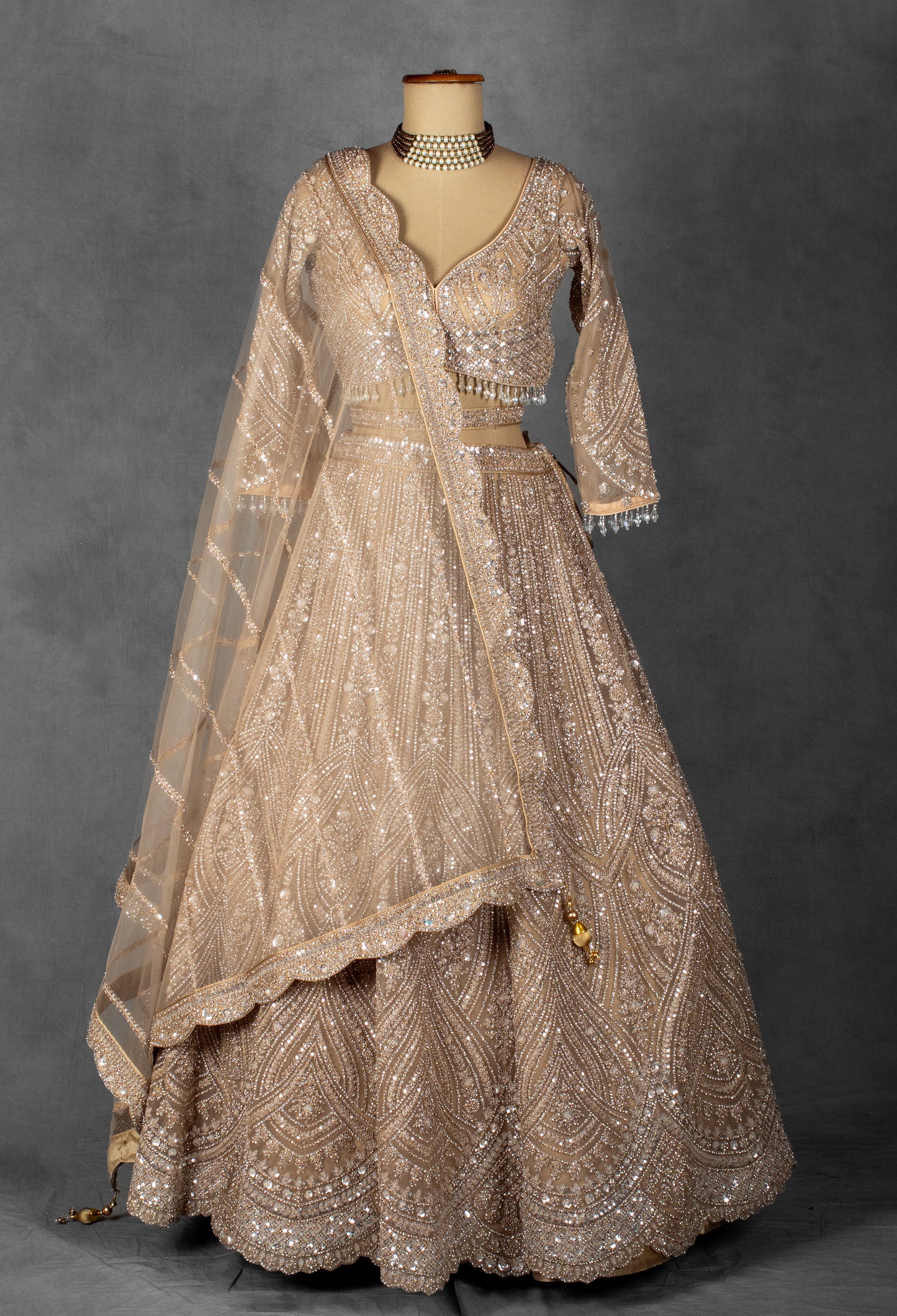 Champagne Gold Sequin Embroidered Lehenga with Full-Sleeve Blouse and Net Dupatta