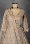 Champagne Gold Sequin Embroidered Lehenga with Full-Sleeve Blouse and Net Dupatta