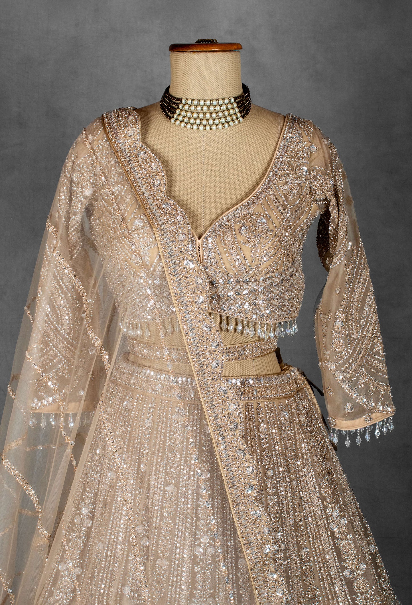 Champagne Gold Sequin Embroidered Lehenga with Full-Sleeve Blouse and Net Dupatta