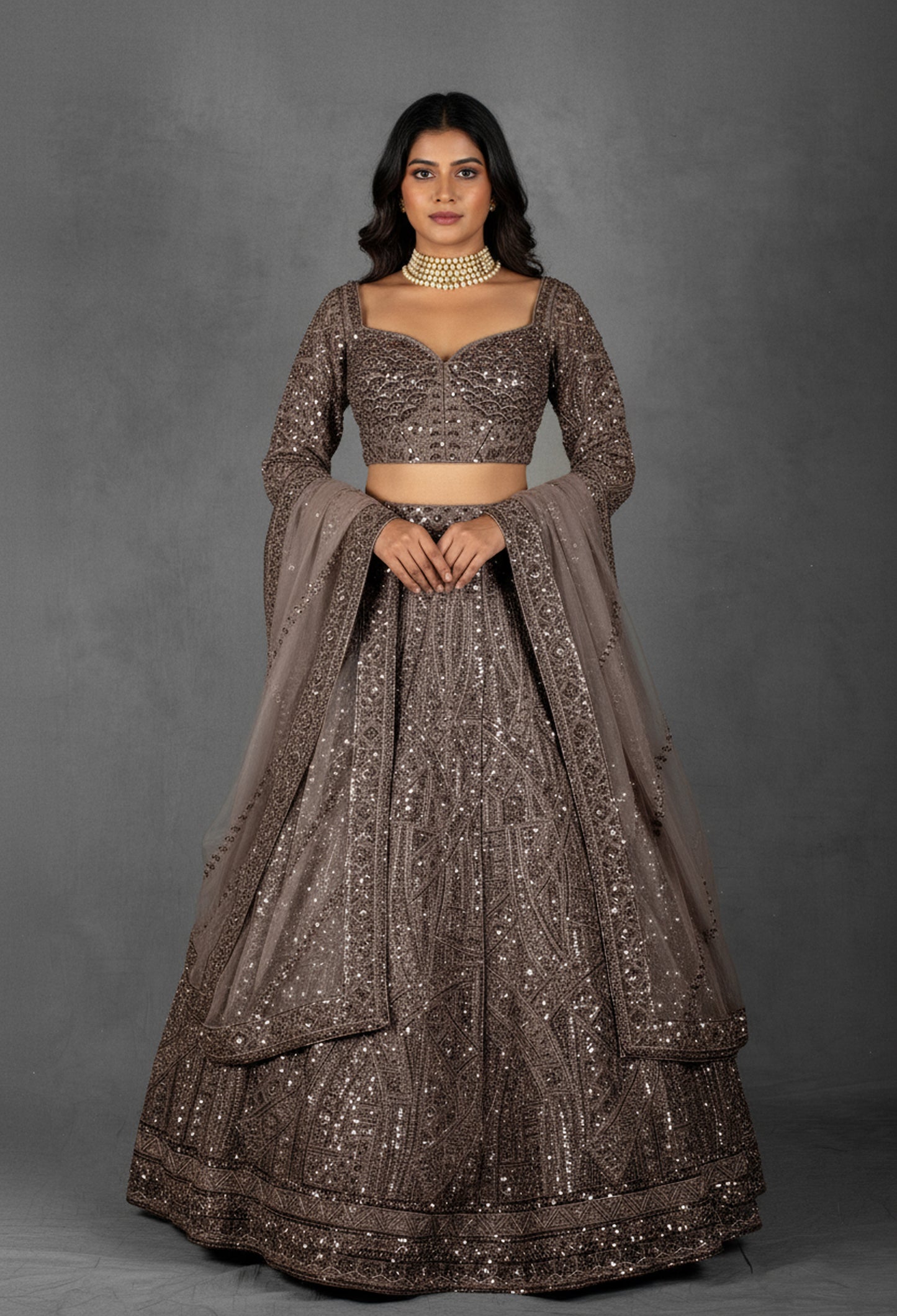 Smoky Brown Sequin Embellished Lehenga with Intricate Geometric Detailing