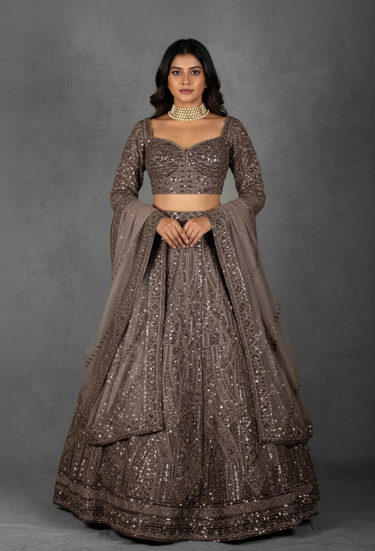 Smoky Brown Sequin Embellished Lehenga with Intricate Geometric Detailing