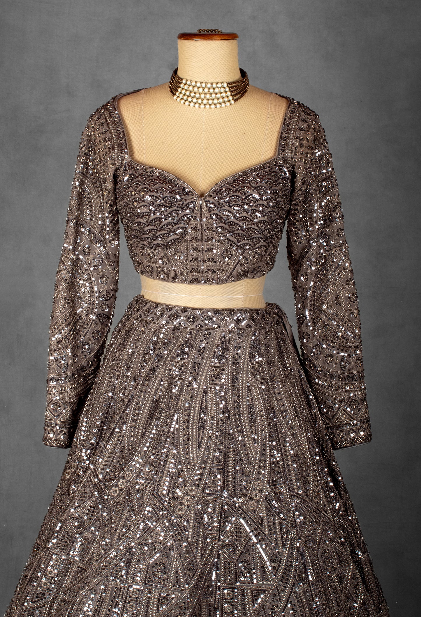 Smoky Brown Sequin Embellished Lehenga with Intricate Geometric Detailing