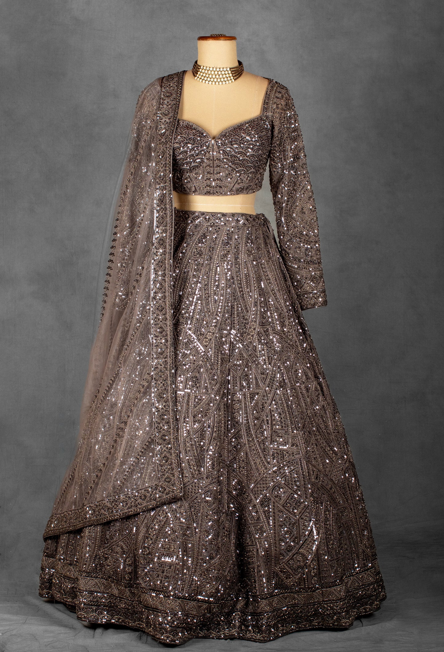 Smoky Brown Sequin Embellished Lehenga with Intricate Geometric Detailing