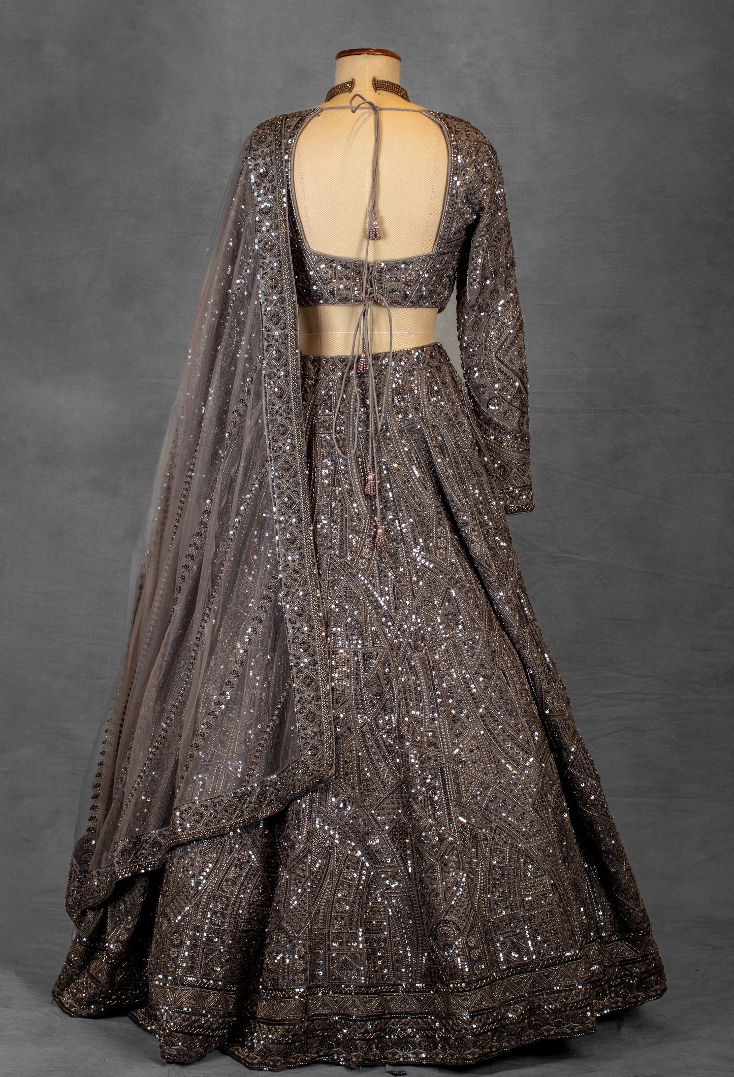 Smoky Brown Sequin Embellished Lehenga with Intricate Geometric Detailing