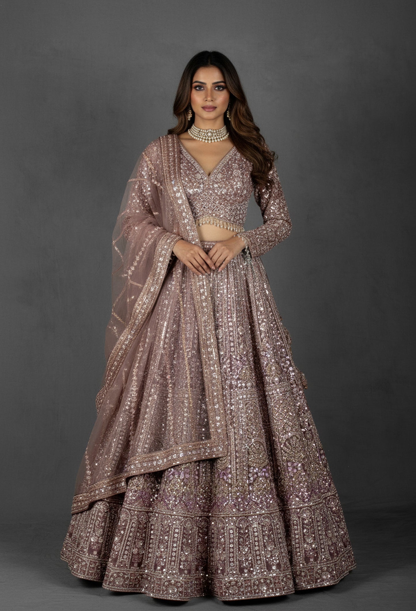Mauve Rose Sequin Embroidered Lehenga with Full-Sleeve Blouse and Net Dupatta