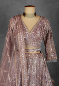 Mauve Rose Sequin Embroidered Lehenga with Full-Sleeve Blouse and Net Dupatta