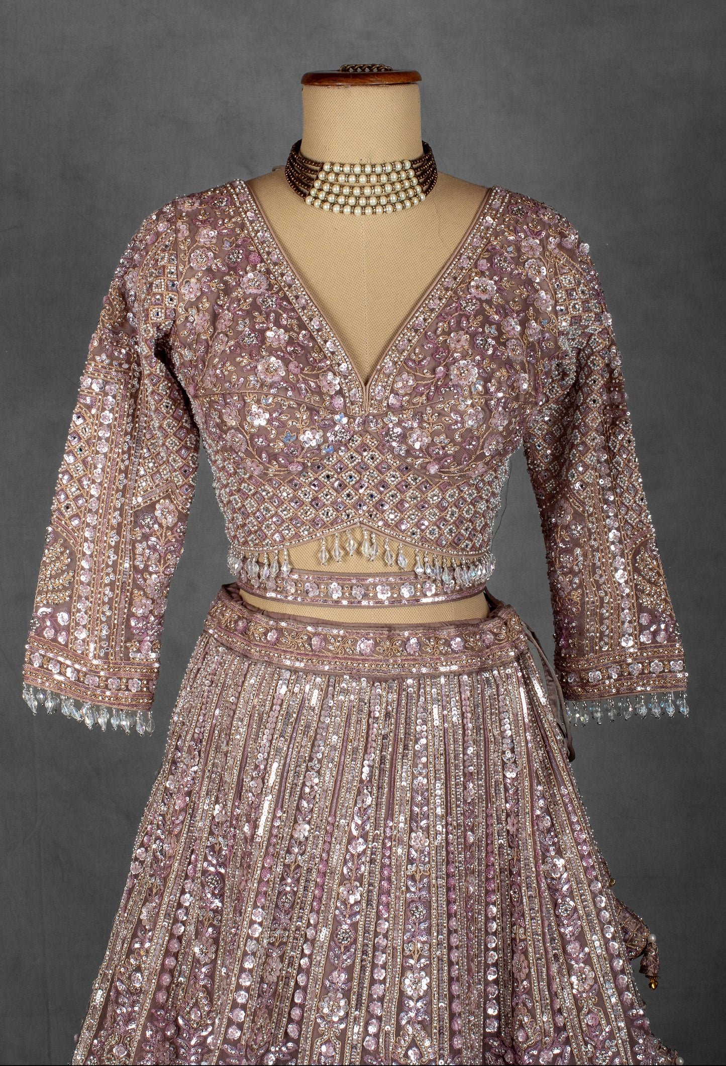 Mauve Rose Sequin Embroidered Lehenga with Full-Sleeve Blouse and Net Dupatta