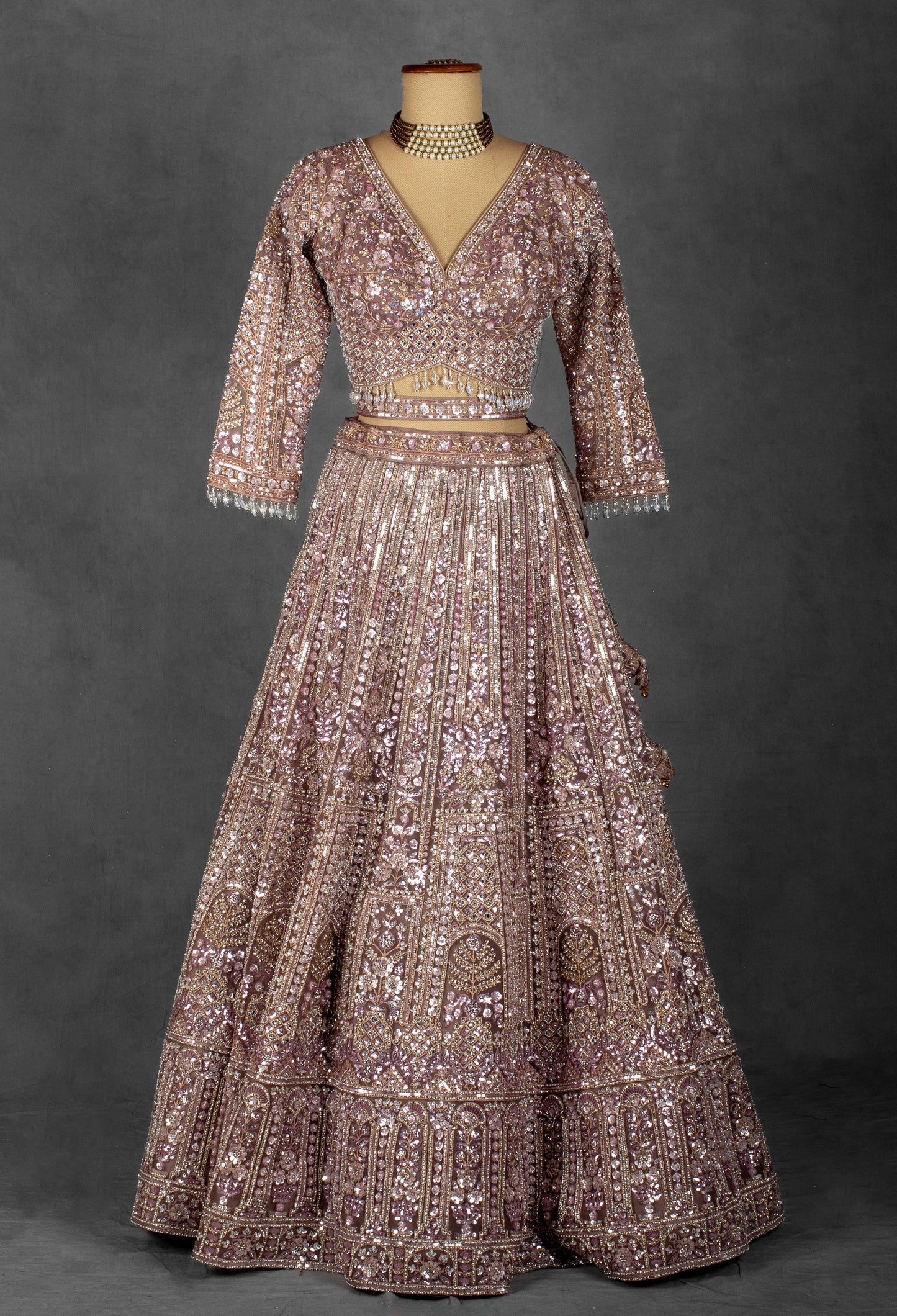 Mauve Rose Sequin Embroidered Lehenga with Full-Sleeve Blouse and Net Dupatta