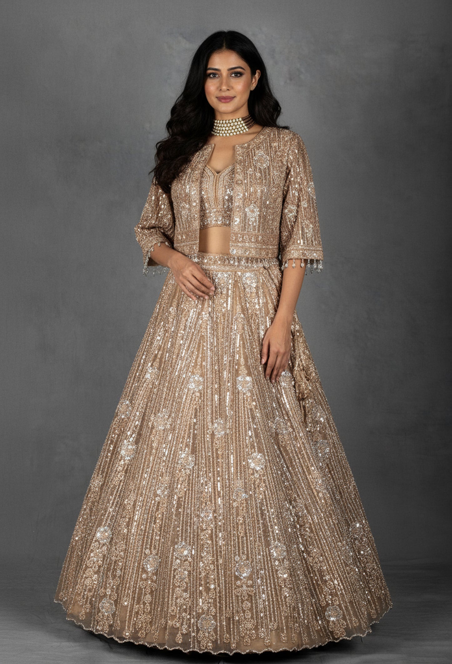 Champagne Gold Sequin Embroidered Lehenga with Structured Blouse and Net Dupatta