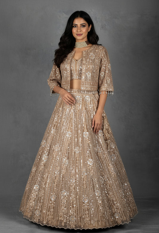 Champagne gold sequin embroidered lehenga with structured blouse and net dupatta – product image 2