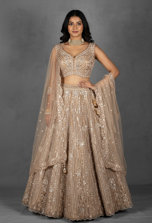 Champagne Gold Sequin Embroidered Lehenga with Structured Blouse and Net Dupatta