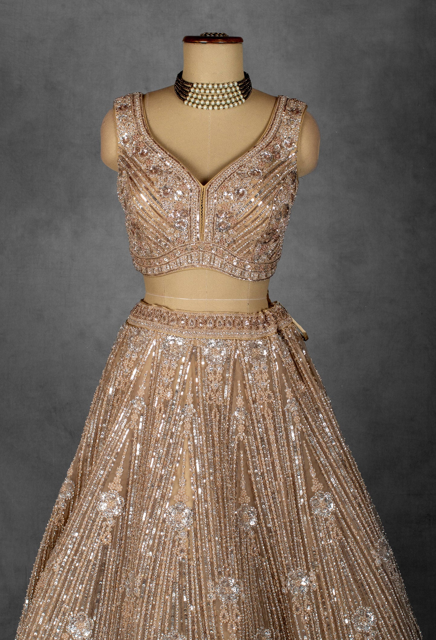 Champagne Gold Sequin Embroidered Lehenga with Structured Blouse and Net Dupatta