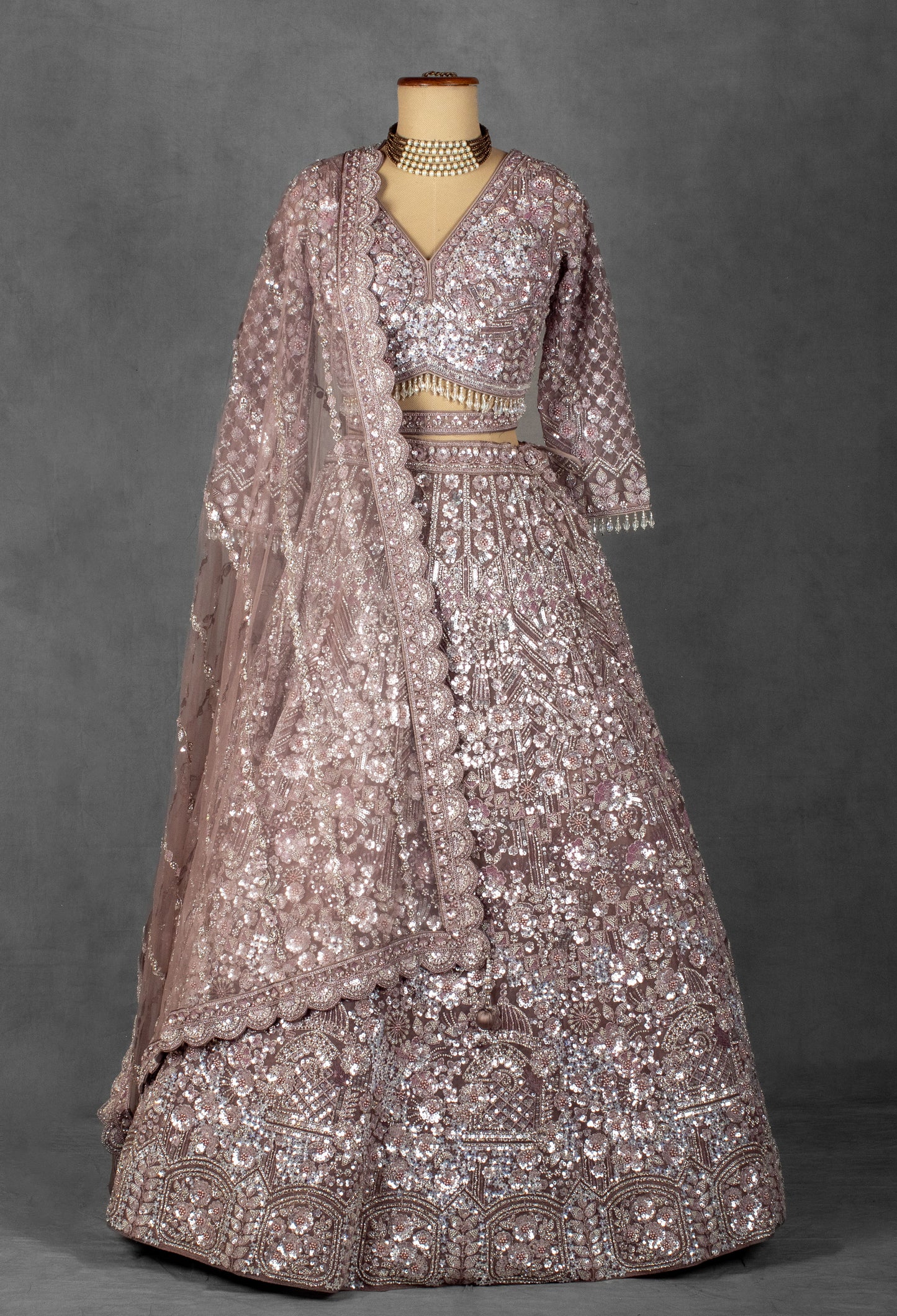 Dusty Mauve Heavy Sequin Embroidered Lehenga with Full-Sleeve Blouse and Net Dupatta