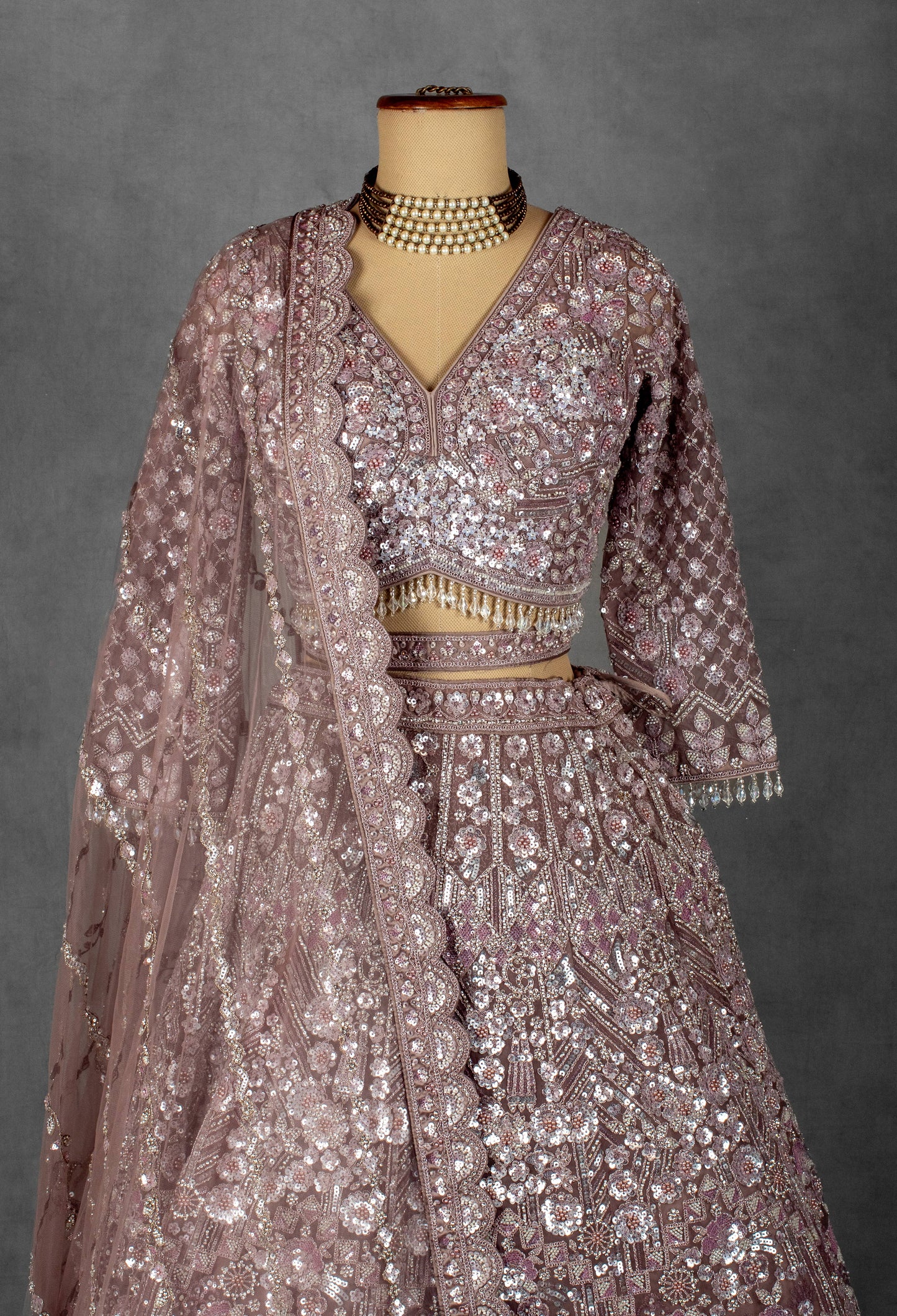Dusty Mauve Heavy Sequin Embroidered Lehenga with Full-Sleeve Blouse and Net Dupatta