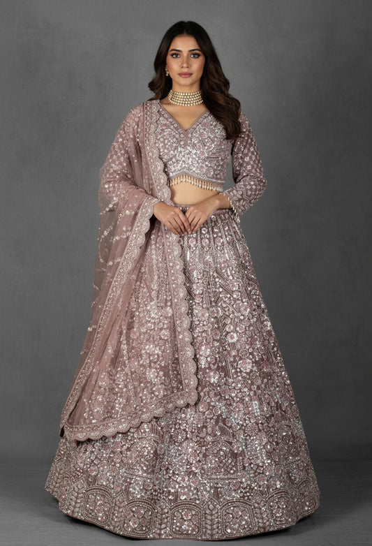 Dusty Mauve Heavy Sequin Embroidered Lehenga with Full-Sleeve Blouse and Net Dupatta