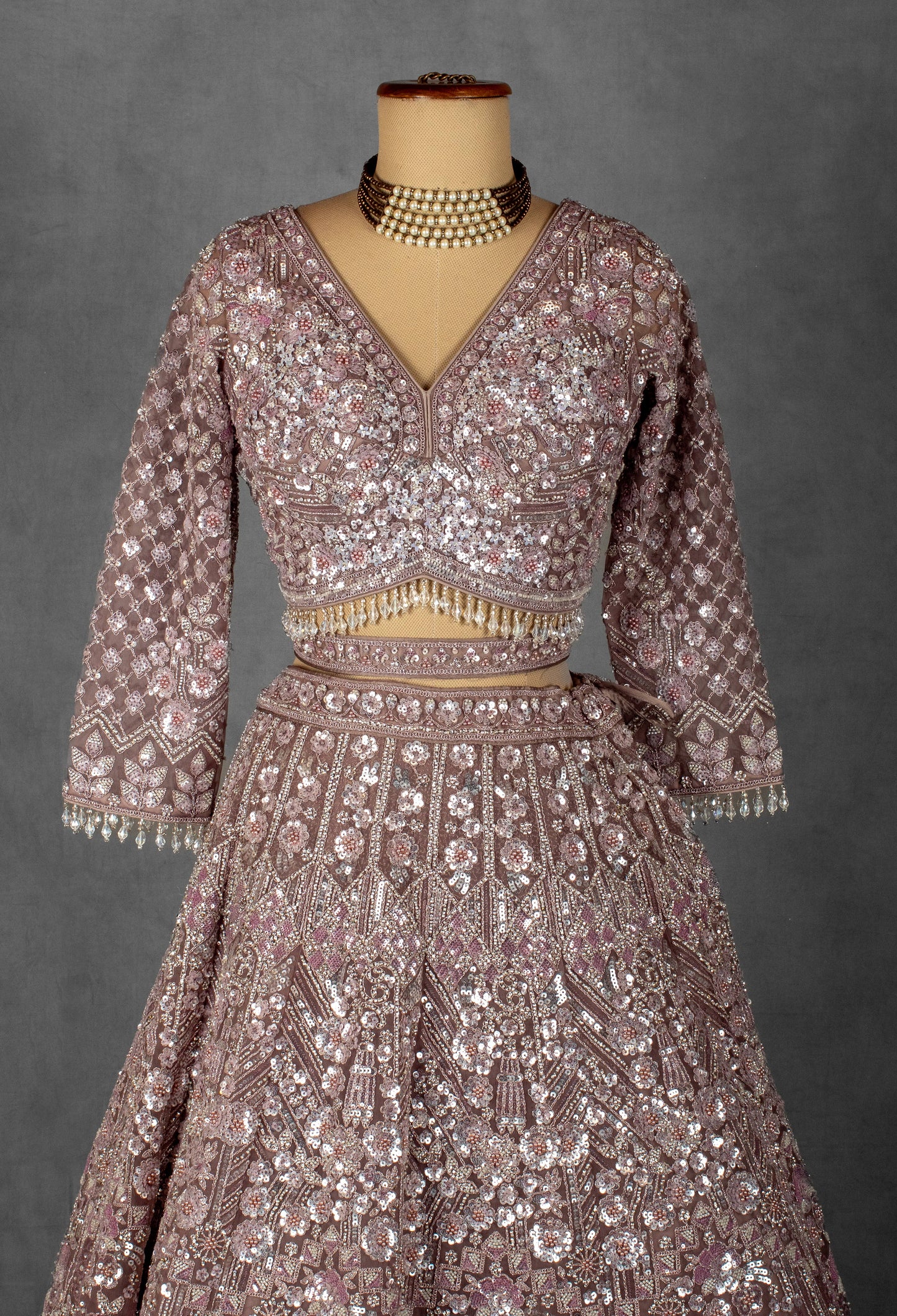 Dusty Mauve Heavy Sequin Embroidered Lehenga with Full-Sleeve Blouse and Net Dupatta