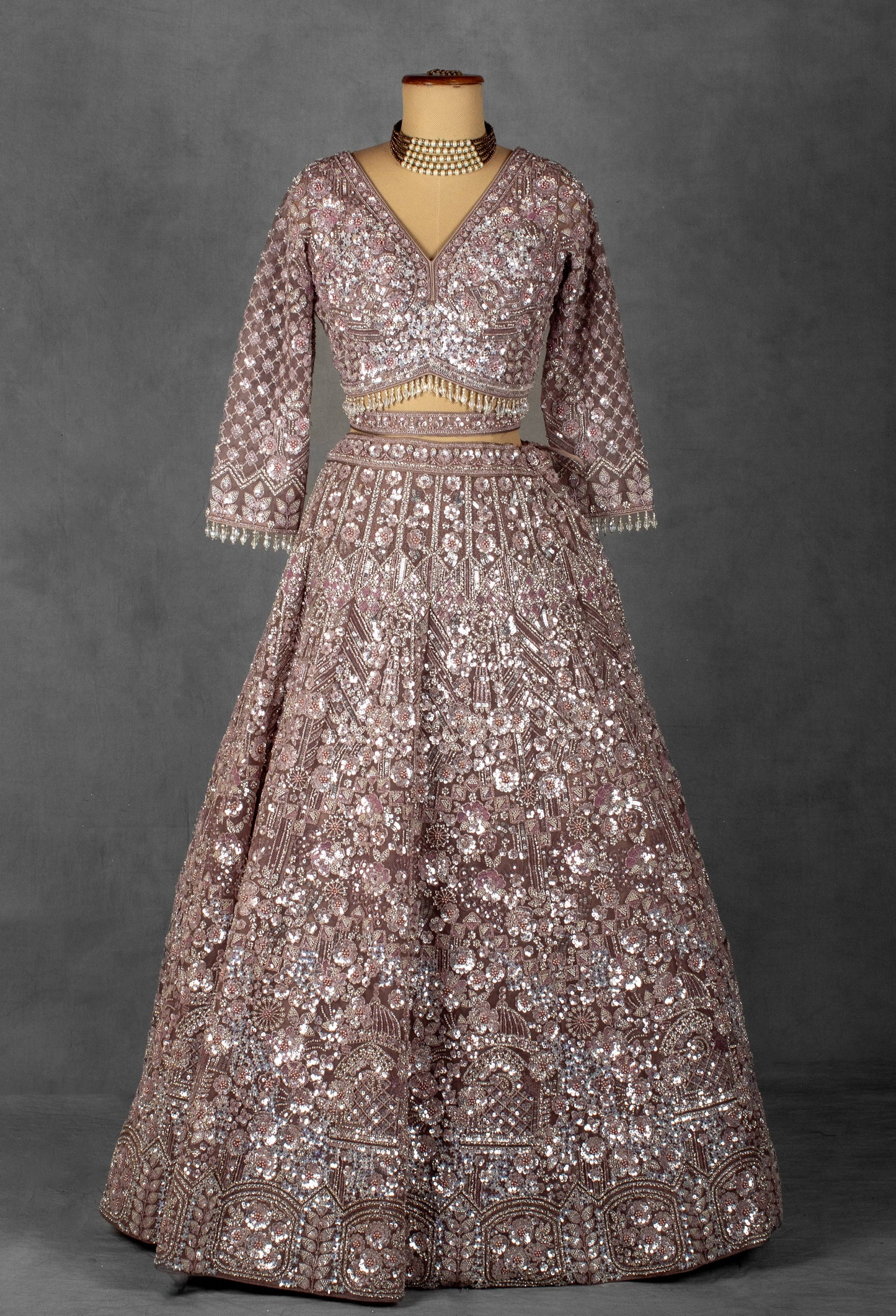 Dusty Mauve Heavy Sequin Embroidered Lehenga with Full-Sleeve Blouse and Net Dupatta