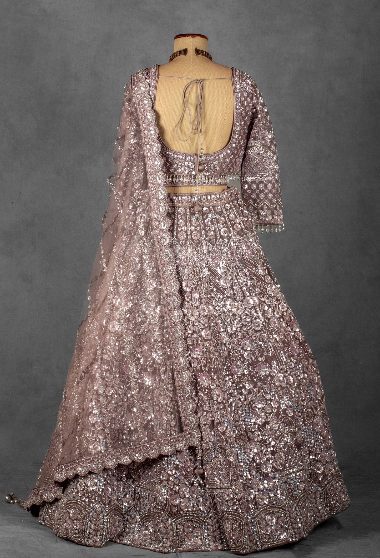 Dusty Mauve Heavy Sequin Embroidered Lehenga with Full-Sleeve Blouse and Net Dupatta
