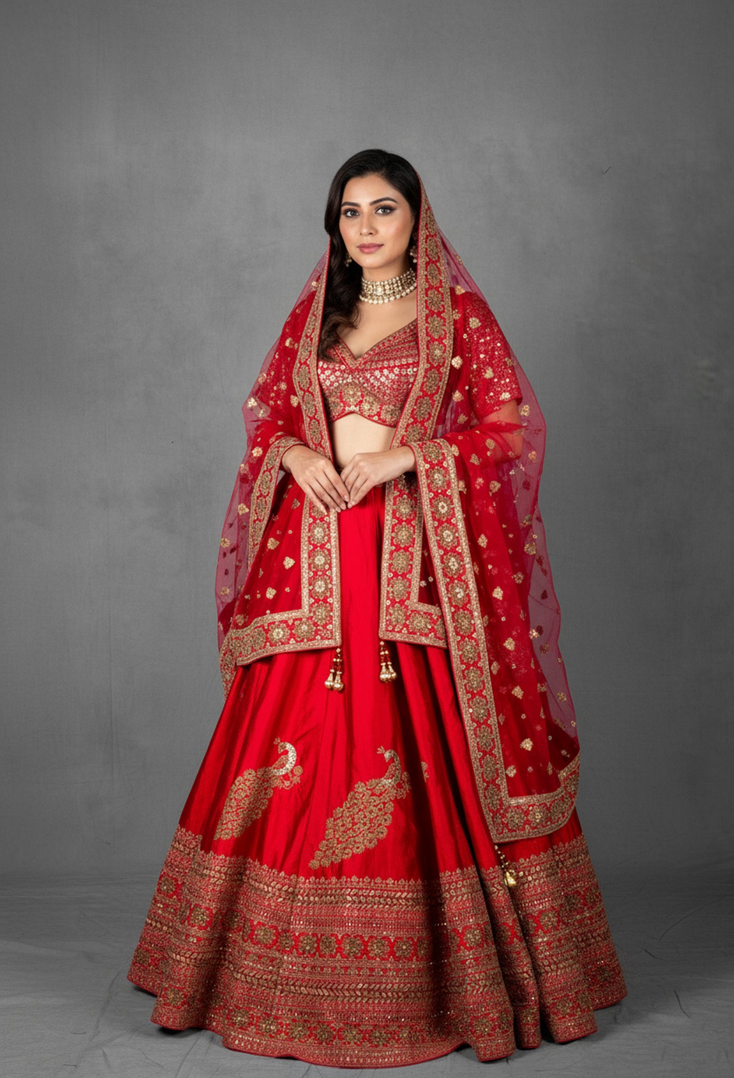 Regal Red Raw Silk Bridal Lehenga with Handcrafted Zardosi & Mirror Embroidery